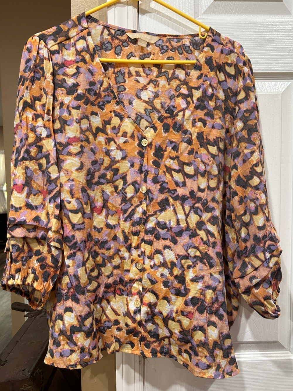 Button-Front V-Neck Blouse in Orange Multi Print